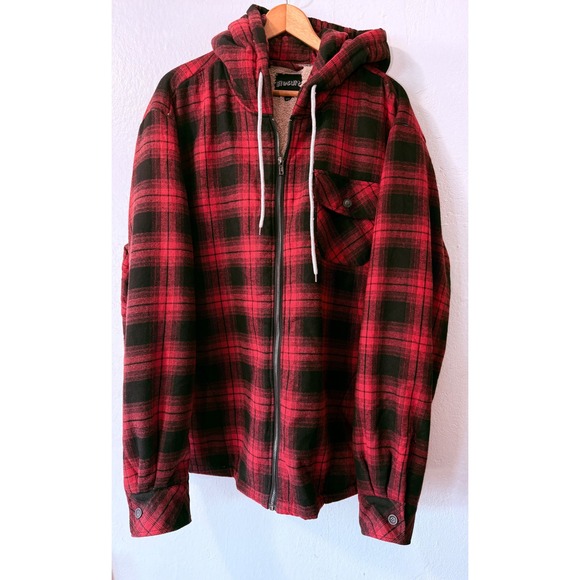 Elesuit Men's‎ Red Black Plaid Fleece Lined Hooded Flannel Jacket 2XL - Picture 3 of 12